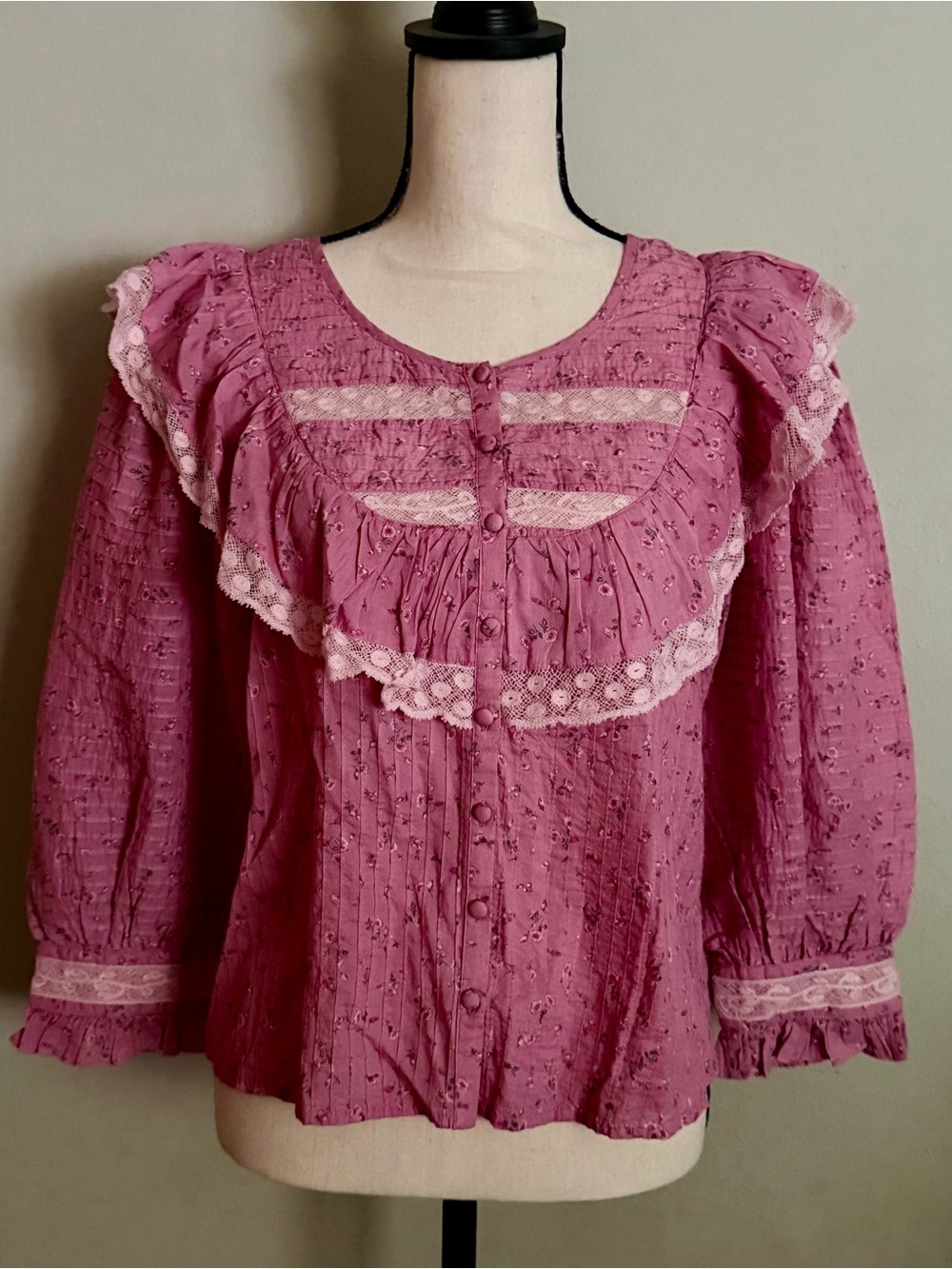 LoveShackFancy | Canna Floral Cotton Blouse Pink Lace Ruffle Button Front | XS